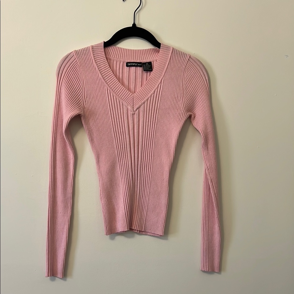 Pink Ribbed V-Neck Sweater